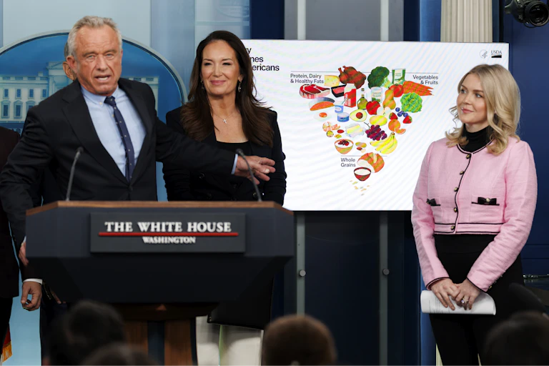 RFK Jr. exibe a nova pirâmide alimentar invertida em uma coletiva de imprensa em Washington DC.