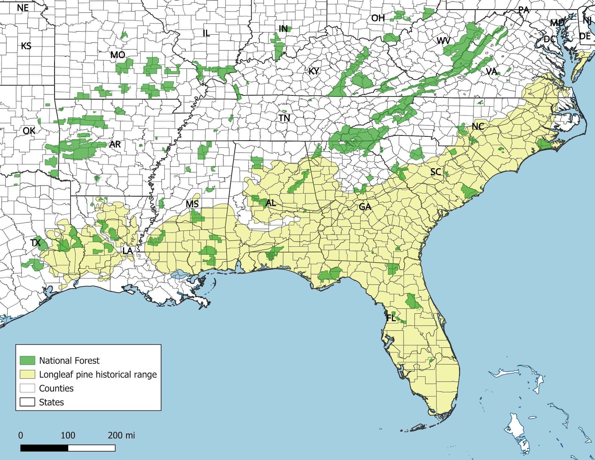 A map of the southeastern United States shows the historical longleaf pine forest range in yellow and National Forests in green.