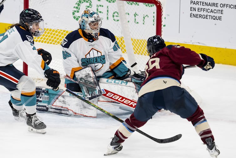 El jugador de hockey le marca un gol al portero.