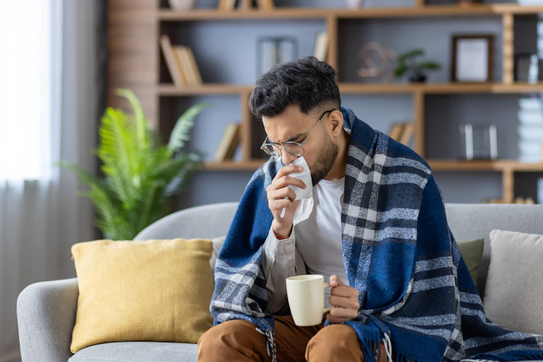 Man sitting on a sofa, holding a tissue to his nose.