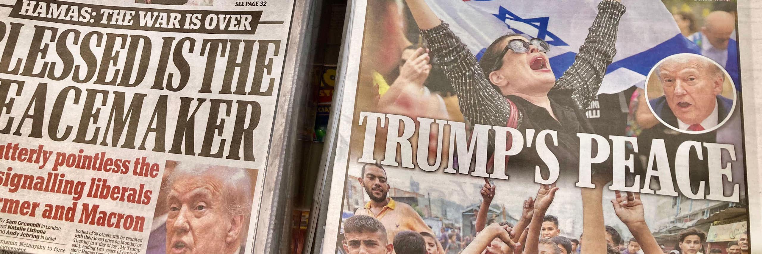 Newspaper headlines praising Donald Trump as a peacemaker.