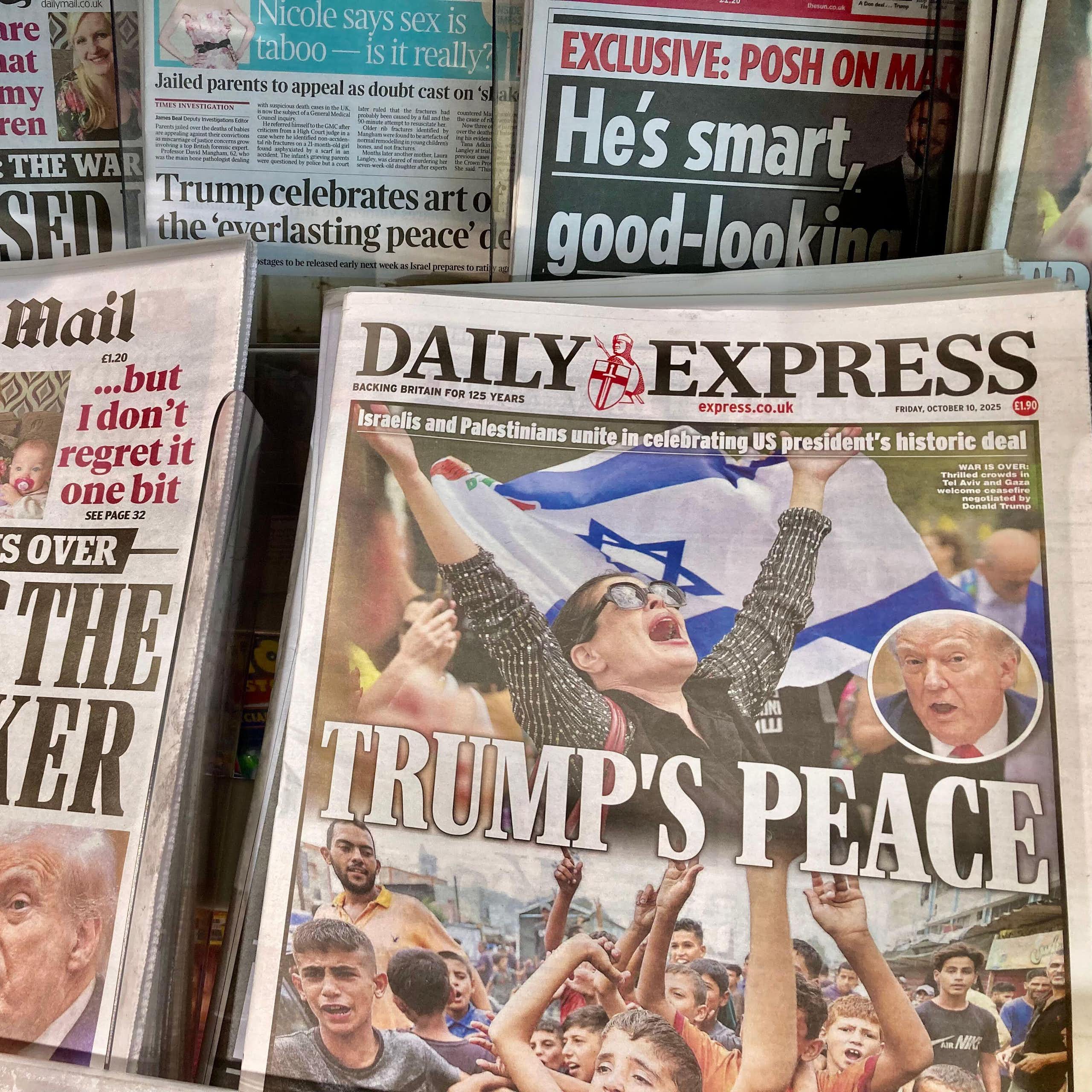 Newspaper headlines praising Donald Trump as a peacemaker.
