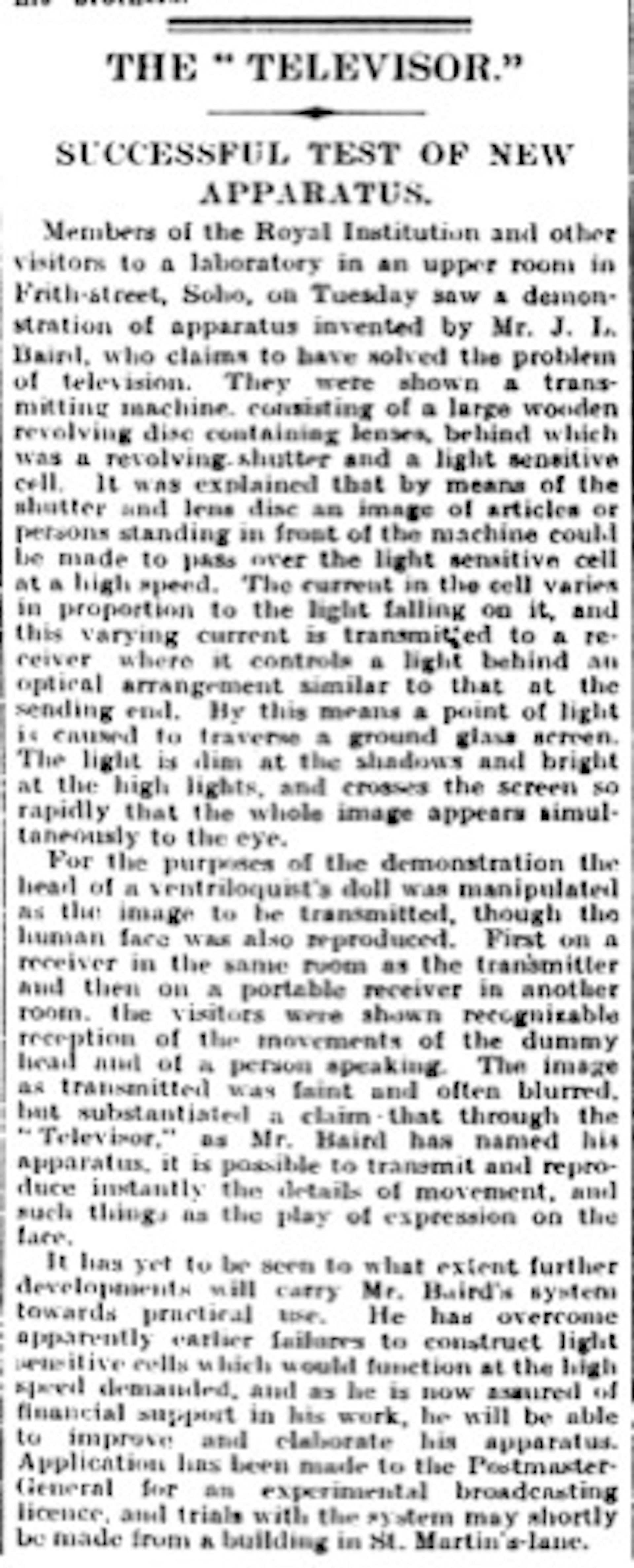 Times article, January 28 1926.