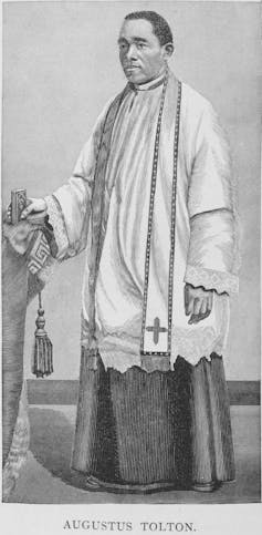 A black-and-white illustration of a Black man standing in priest's robes, with a white robe and stole atop a darker one.