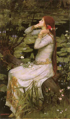 Painting of a dreamy looking woman beside water.