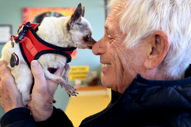 A man holds a tiny, older dog to which he's clearly very devoted.