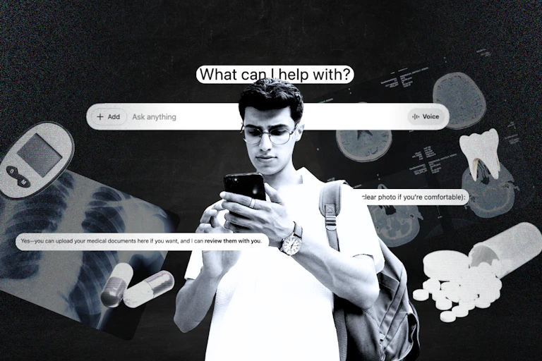 Composite image of man looking at phone while chatbot queries float around him.
