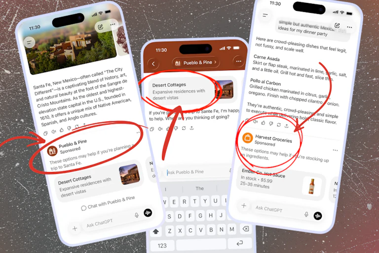 ChatGPT with advertising on three mobile phones