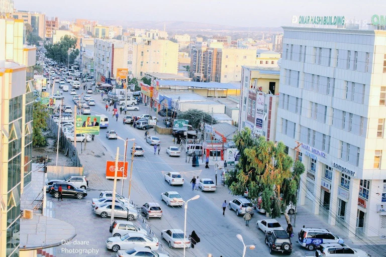 View of a city street from above, with cars and multistorey buildings