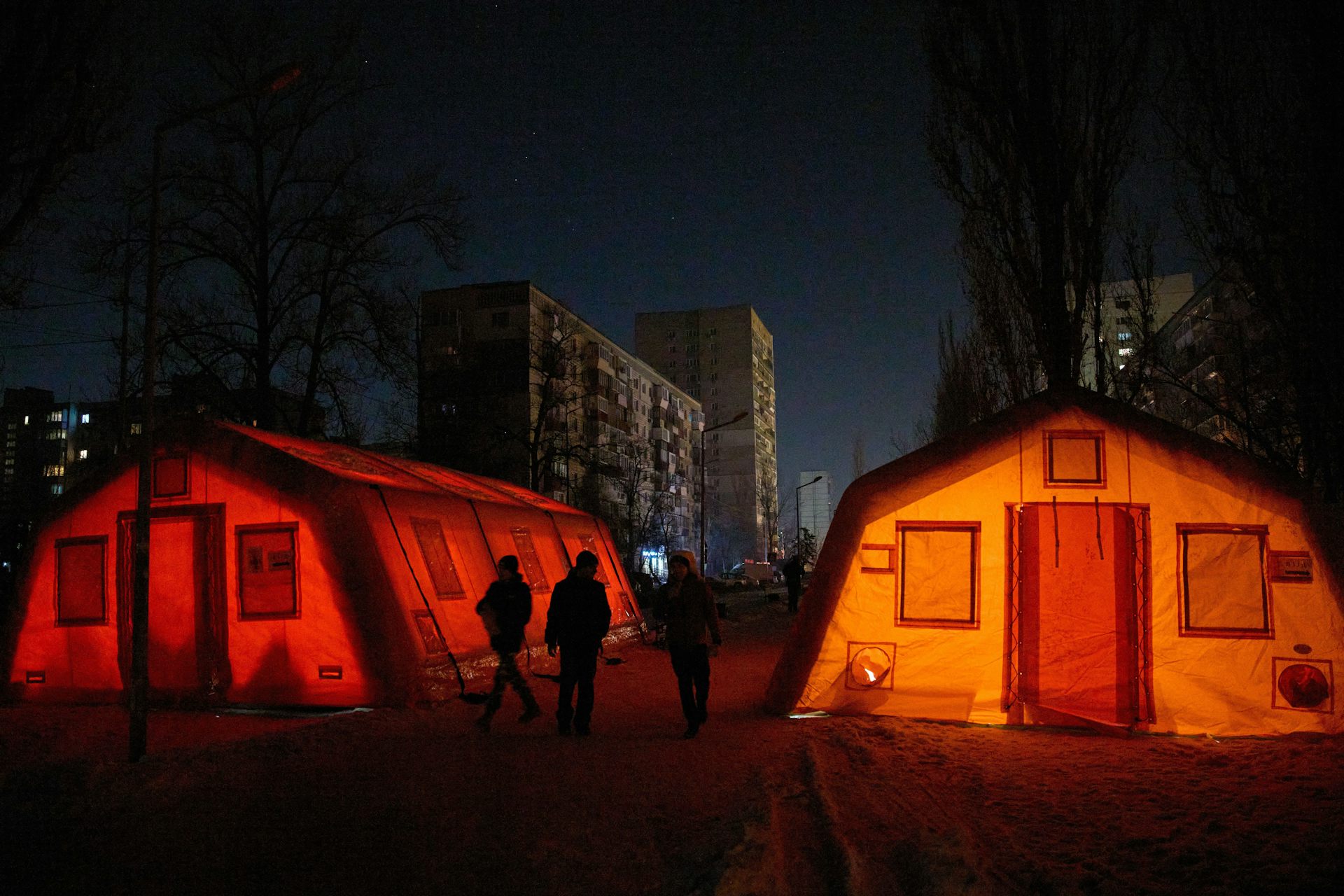 Two heating tents in Kyiv, emergency tents where people without heating can warm up.