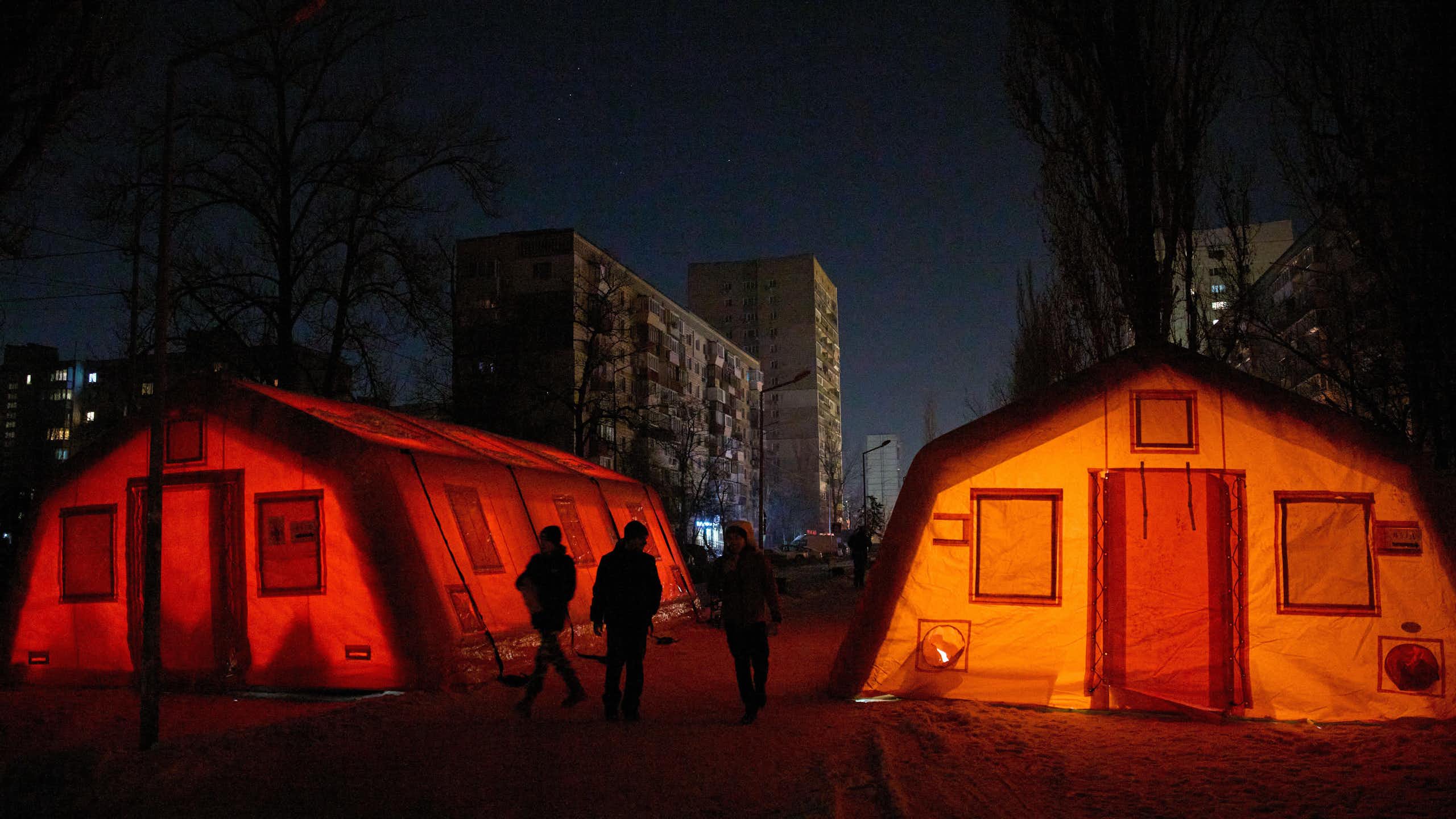 Two heating tents in Kyiv, emergency tents where people without heating can warm up.