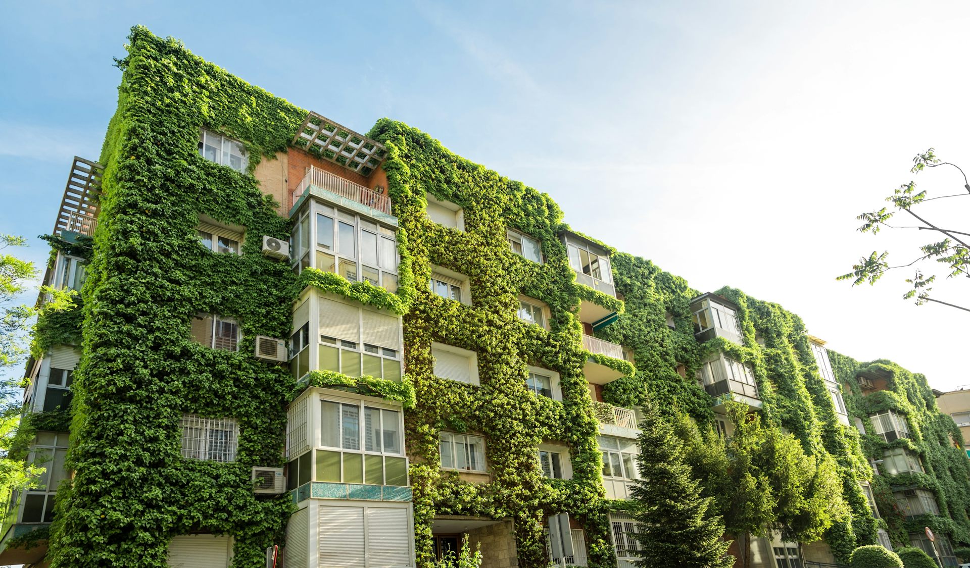 Edificio con la fachada cubierta de plantas
