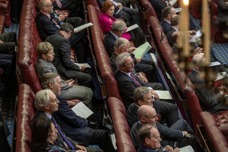 People sat on red leather benches in the House of Lords