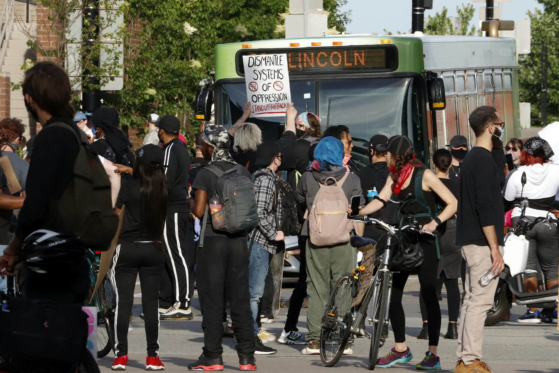 Protestors block intersection in the East Liberty neighborhood of Pittsburgh.