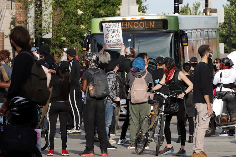 Protestors block intersection in the East Liberty neighborhood of Pittsburgh.