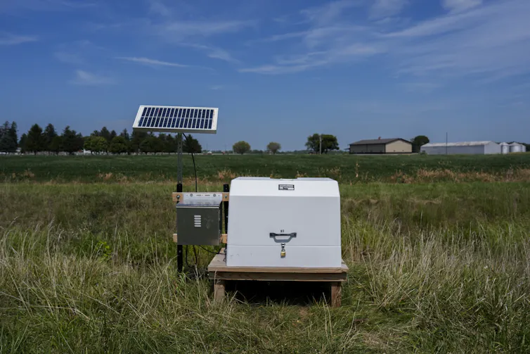 A small white box sits in a field of grass, with a solar panel behind it.