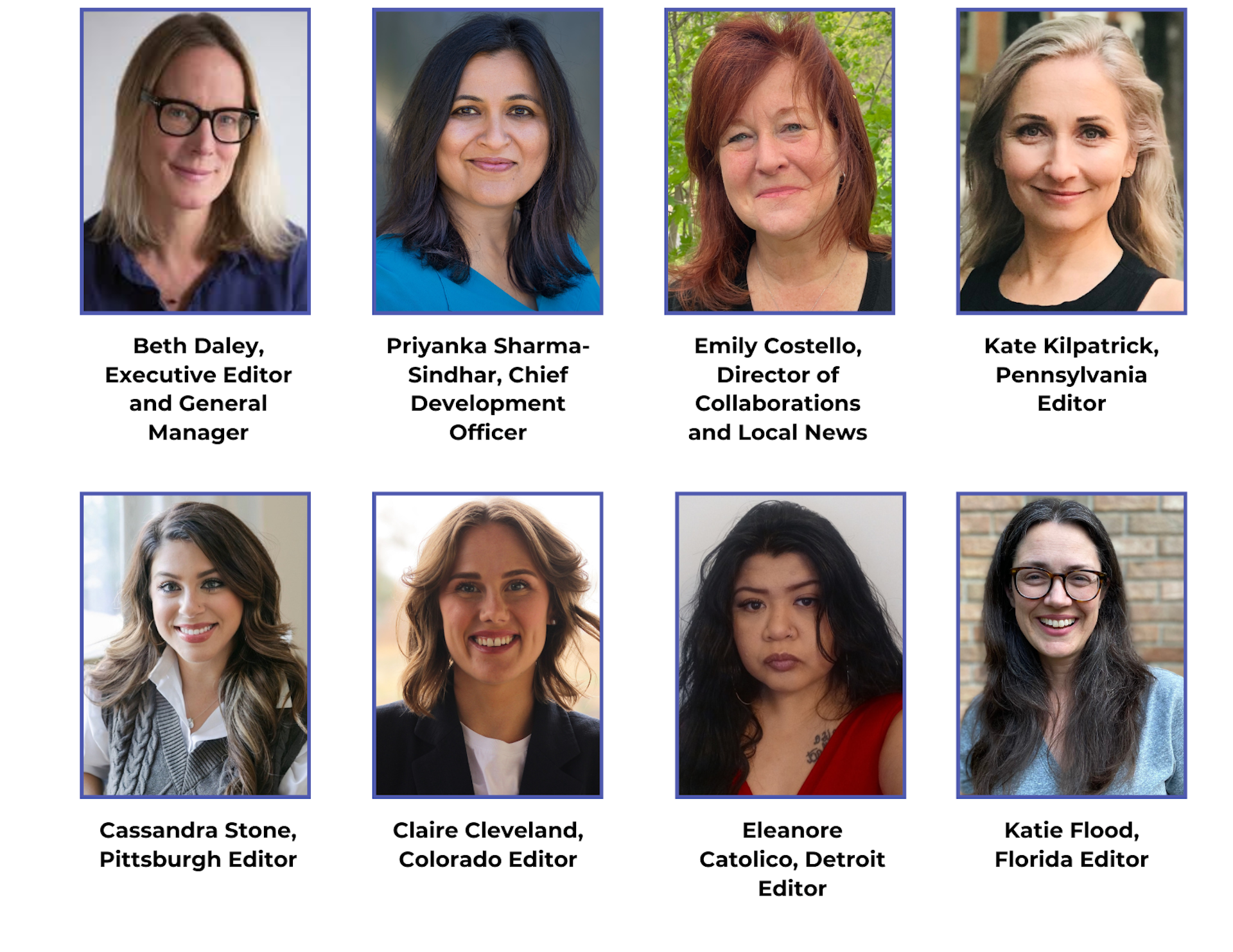 Headshots for Beth Daley, Priyanka Sharma-Sindhar, Emily Costello, Kate Kilpatrick, Eleanore Catolico, Claire Cleveland, Eleanore Catolico and Katie Flood.