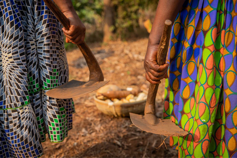 Two African women's hands holding tools