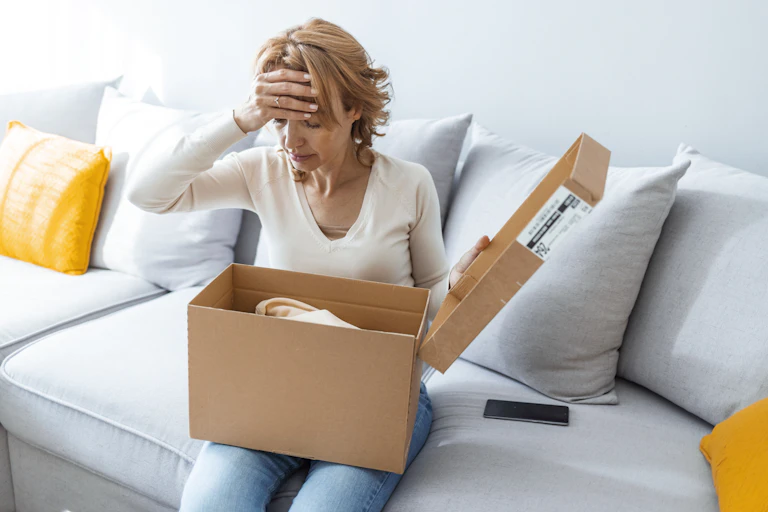 A shocked woman opens a box.