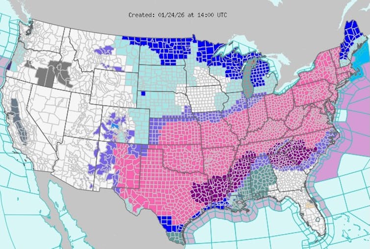 Cómo el vórtice polar y el océano cálido están intensificando una gran tormenta invernal en EE. UU. 1 Mapa de advertencia de tormentas del 24 de enero de 2026.