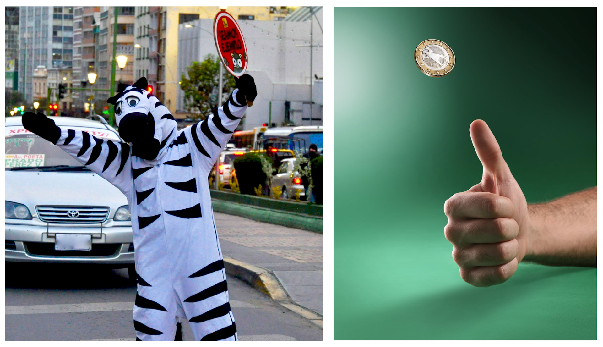 Left: A person in a zebra costume. Right: A coin in mid-air after being flipped. A hand is visible with thumb extended upward.