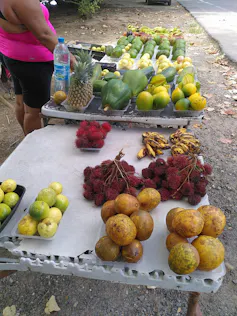 Une cultivatrice de Moorea (Polynésie française) qui vend le surplus de ses fruits en bord de route