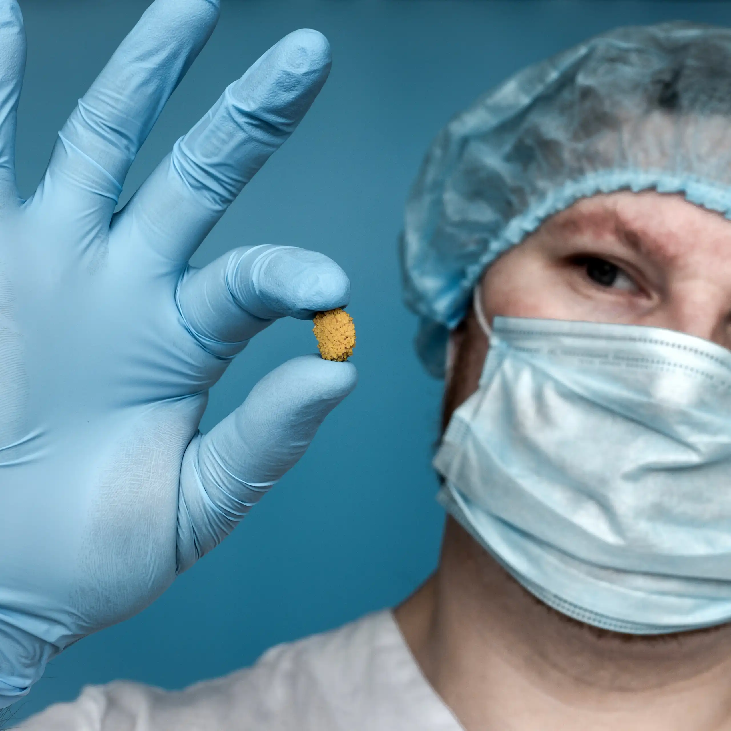 Doctor holds up a kidney stone between their fingers.