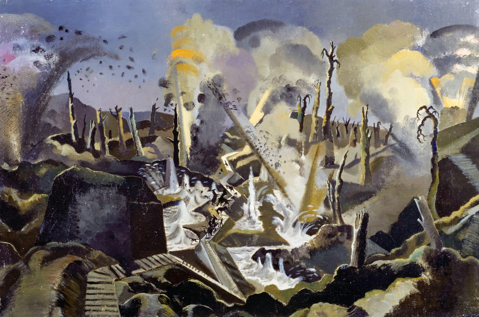 A painting showing the aftermath of a first-world-war battle in a devastated landscape.
