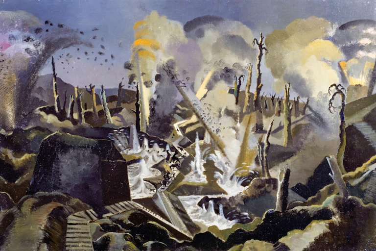 A painting showing the aftermath of a first-world-war battle in a devastated landscape.