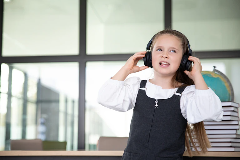 Little girl in school wearing headphones