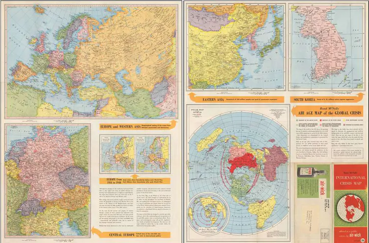 Magazine insert from 1950s with a series of geopolitical maps.