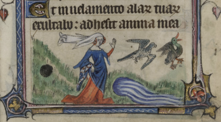 Medieval image of a woman and a hawk