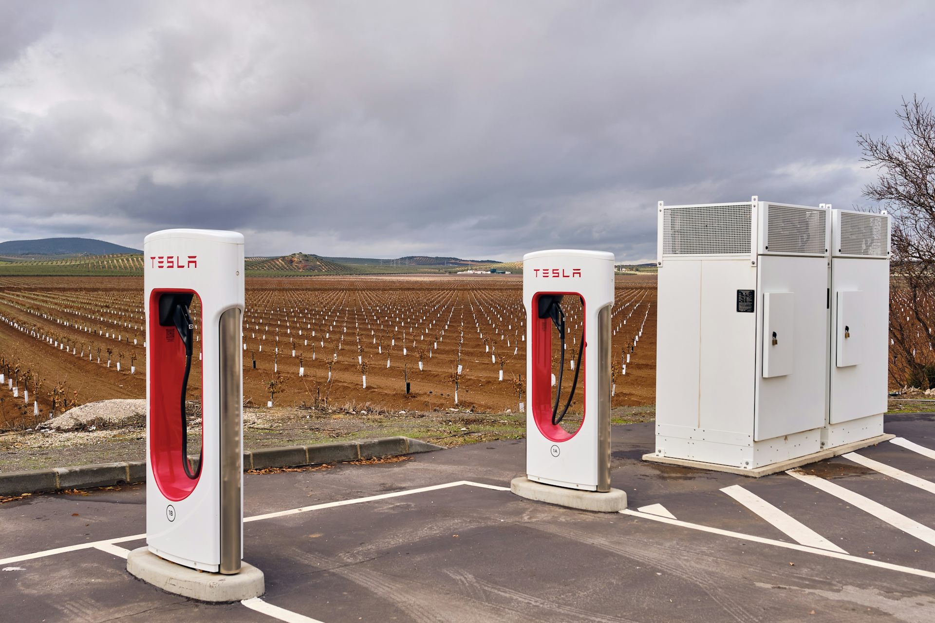 Punto de carga de vehículos eléctricos de Tesla con un campo de cultivo al fondo
