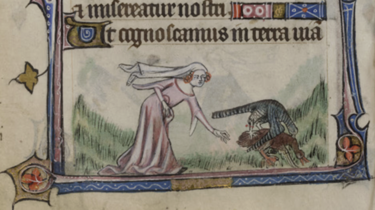 medieval drawing of a lady observing her hawk bringing down a duck