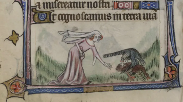 medieval drawing of a lady observing her hawk bringing down a duck