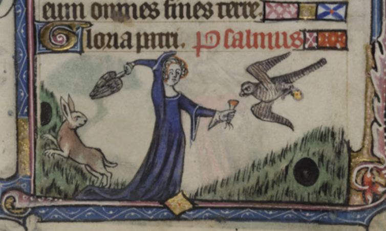 medieval illustration of a lady hawking for a hare i