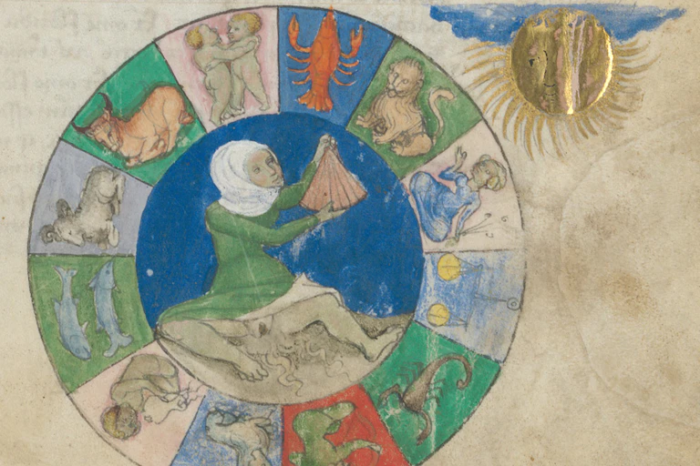 Dibujo en un manuscrito medieval de una mujer que acaba de parir.