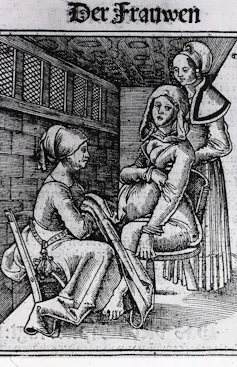 Dos matronas asistiendo un parto, de Eucharius Roeslin.