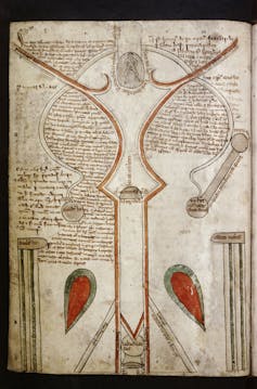 Folio 14r del compendio médico _Bodleian Libraries MS Ashmole 399_, siglo XIII, con un diagrama del útero.