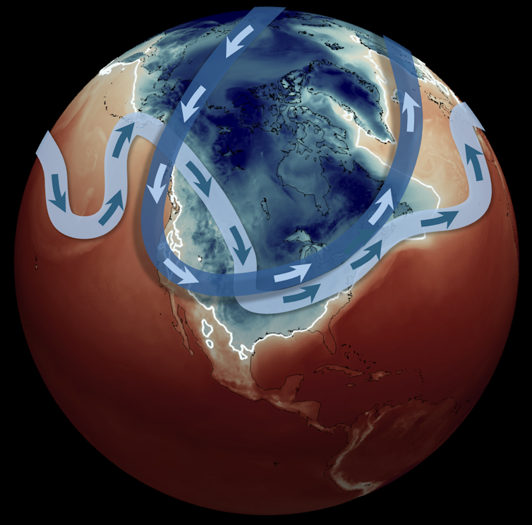 A globe showing the polar vortex and jet stream overlapping over the area where the storm hit.