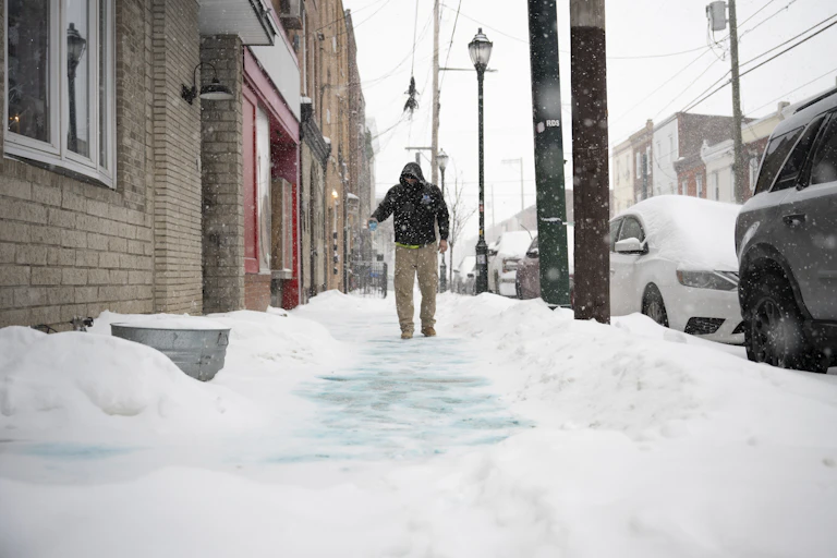 A person puts snow melt down on a snow-covered sidewalk