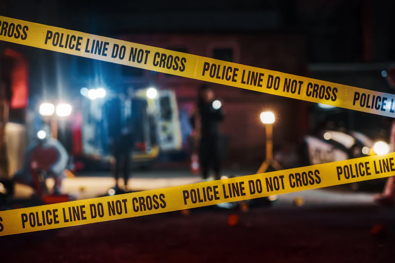 Nighttime shot of a crime scene blocked off with yellow police tape
