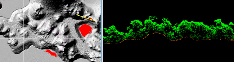 3D scan-type image showing bumps, paired with a topographical map of a hilly landscape