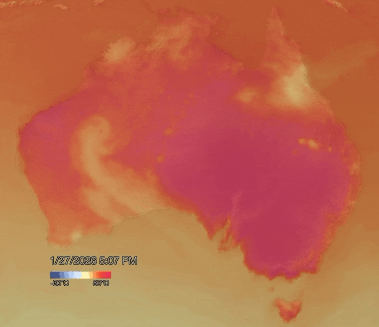 Map of the heatwave affecting south east Australia in January 2026