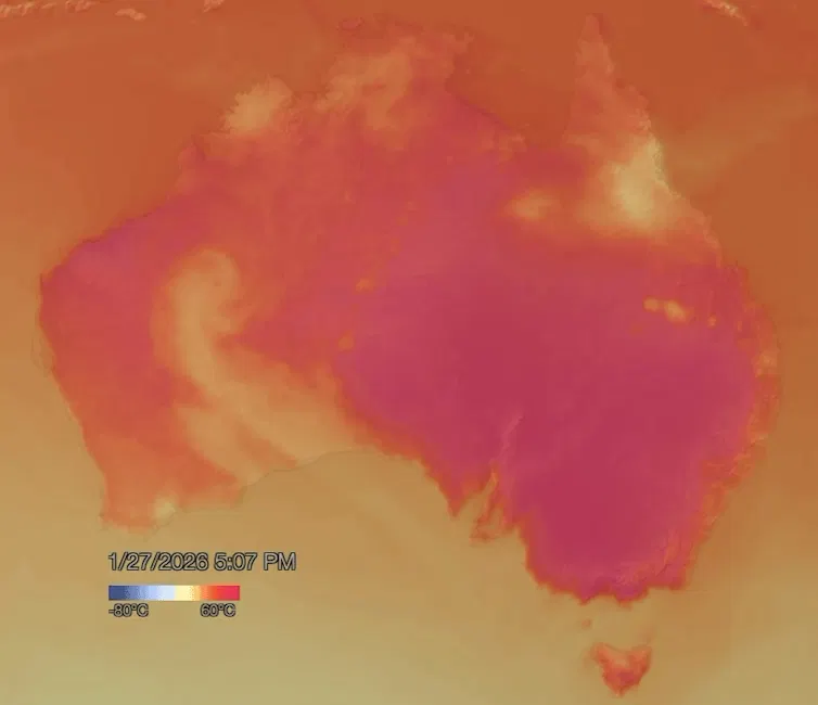 Map of the heatwave affecting south east Australia in January 2026
