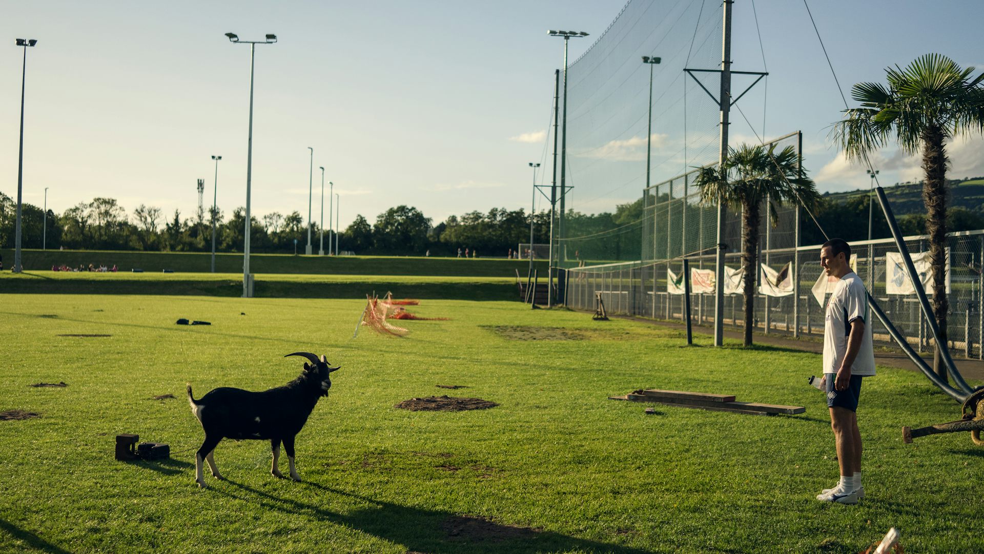 A man on a rough football pitch staring at a goat.