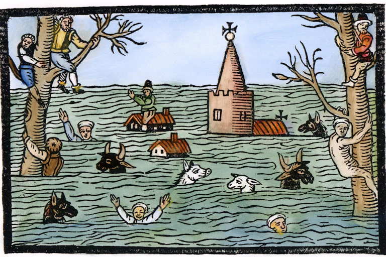 A coloured in woodcut depicting the flood from 1607.