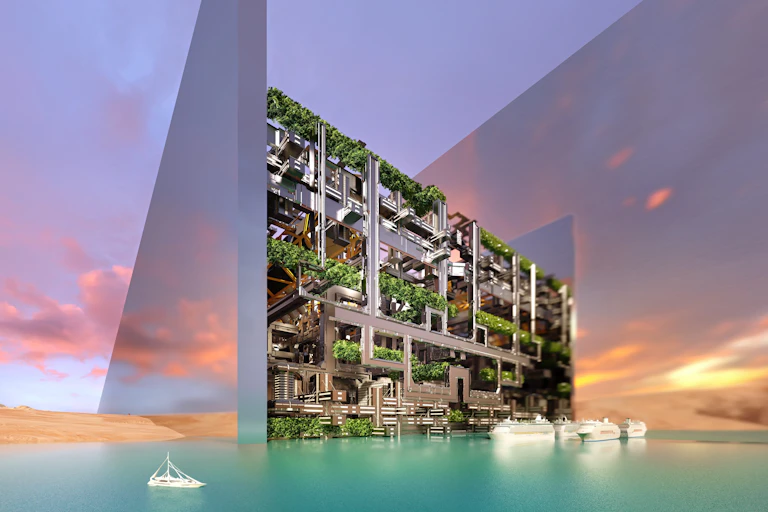 Concept design of a tech city that ends in the sea with water and boats