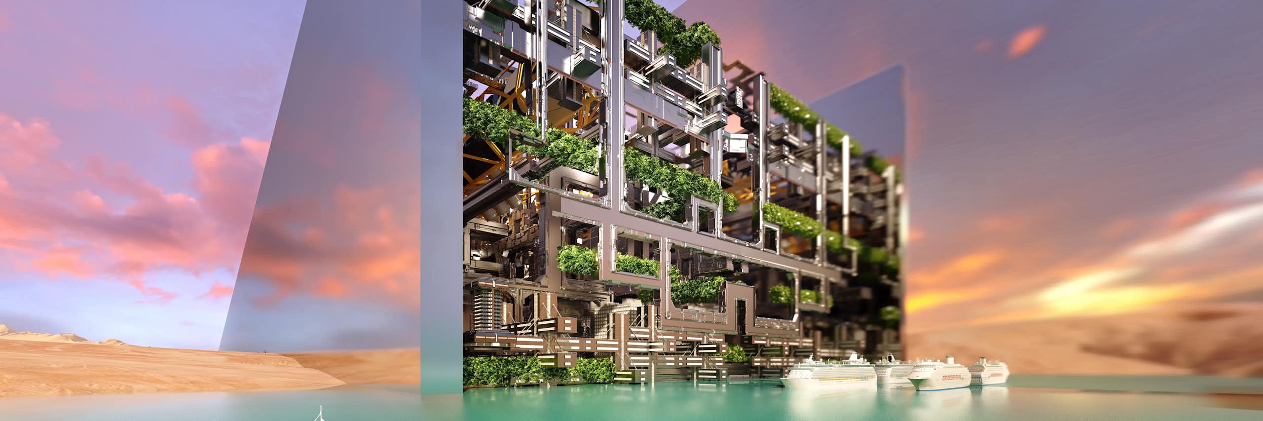 Concept design of a tech city that ends in the sea with water and boats