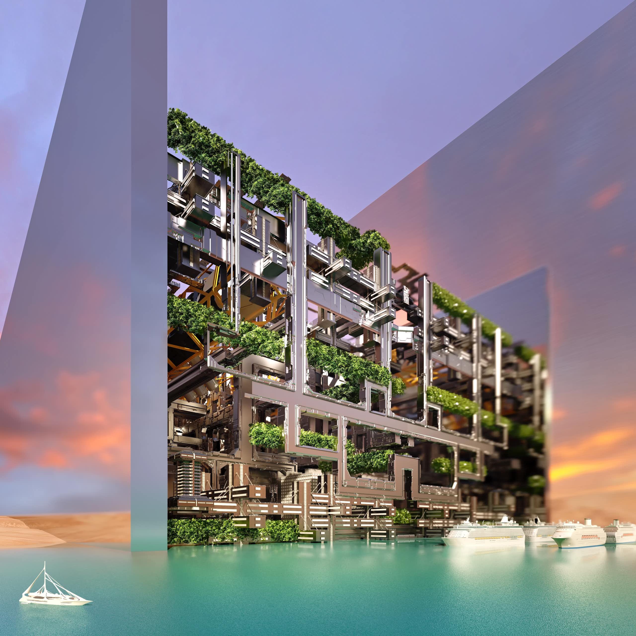 Concept design of a tech city that ends in the sea with water and boats